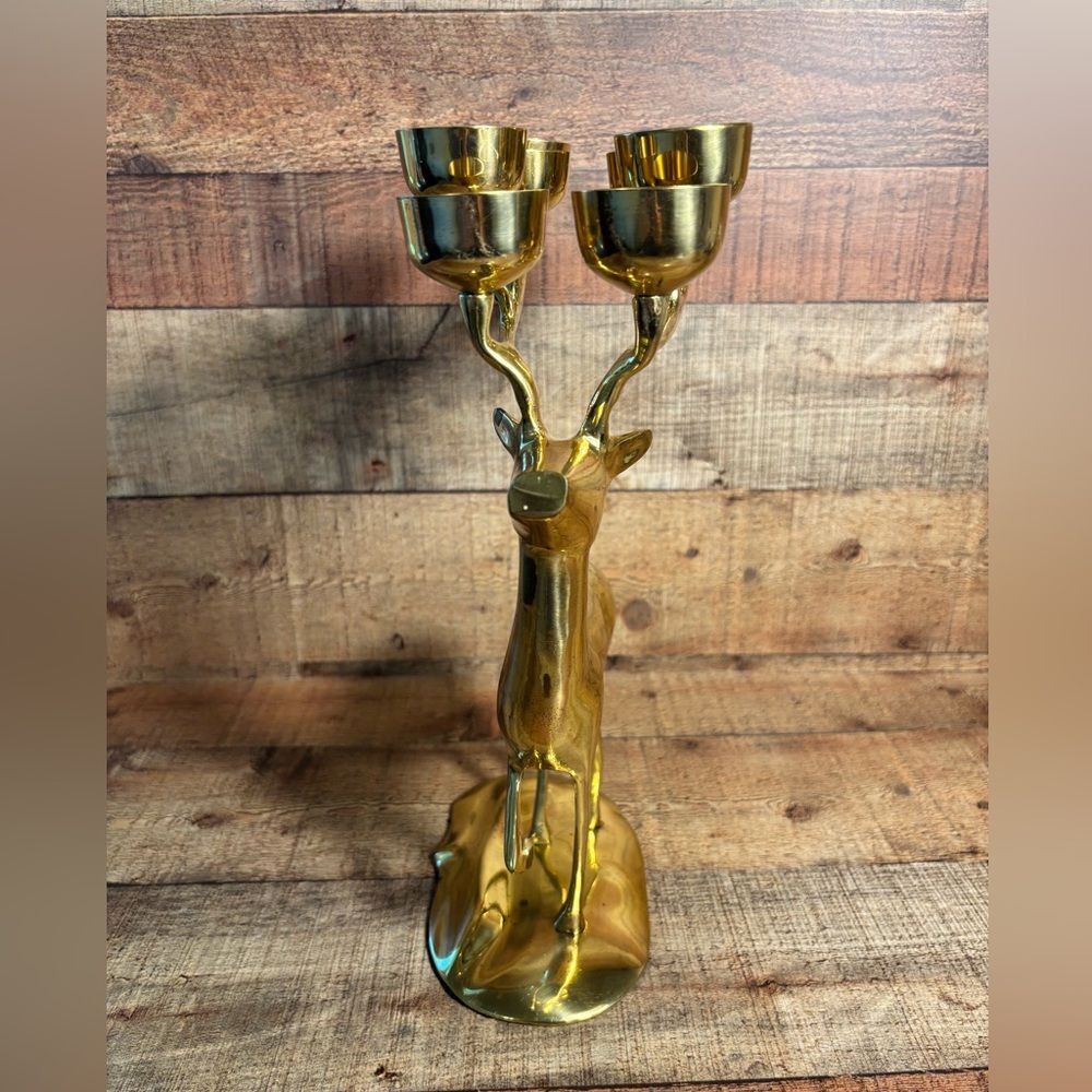 Vintage Large Tall 14.5” Brass Deer Reindeer Votive 8 Candle Holders MCM Holiday - Picture 2 of 13